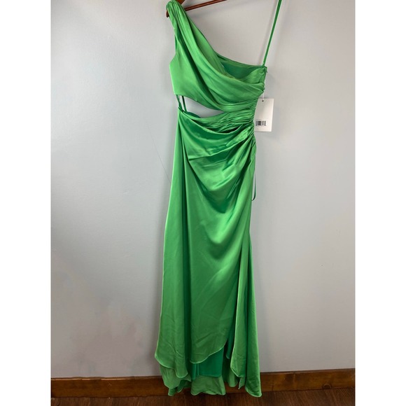 Mac Duggal Spring Green Cut Out One Shoulder Satin Gown Size 4 $498 68485 - Picture 13 of 14